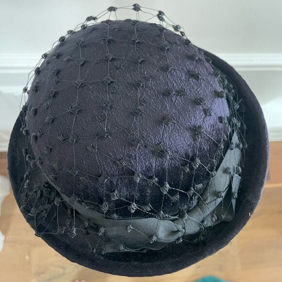 Vintage 60s Black Hat Veil Grossgrain Ribbon Bow Band Small - Picture 6 of 8